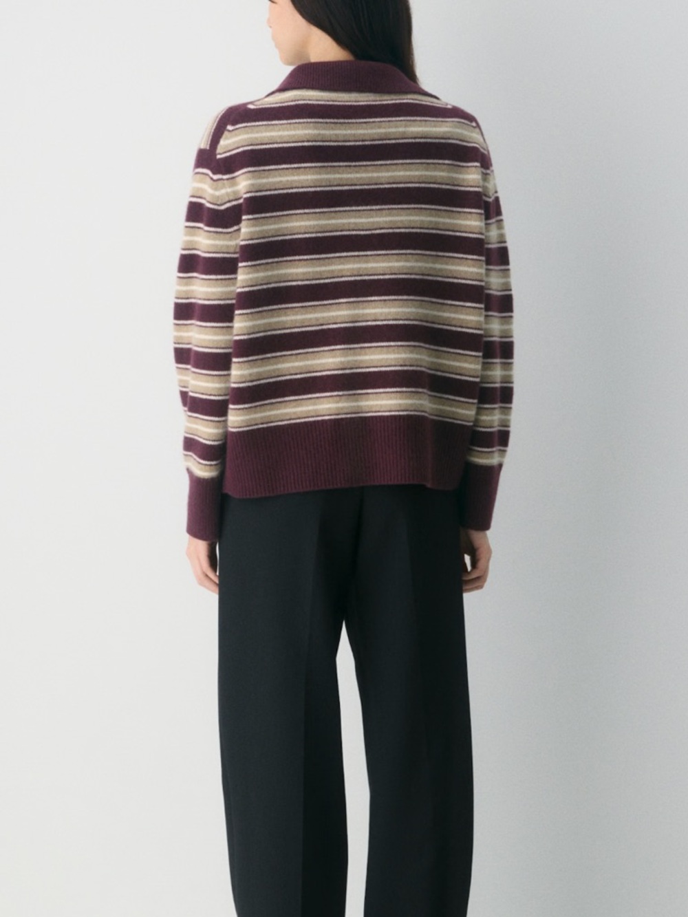 Aritzia Plush Cashmere Striped Polo Sweater in Plum and Cream - Picture 4 of 7